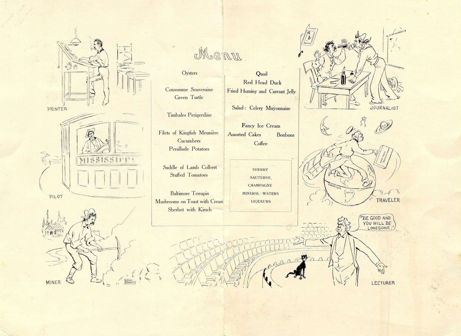 Delmonico’s, Mark Twain’s Seventieth Birthday, New York City, 1905, menu