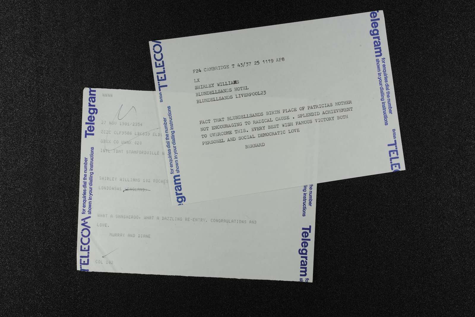 Congratulatory telegrams to Shirley Williams