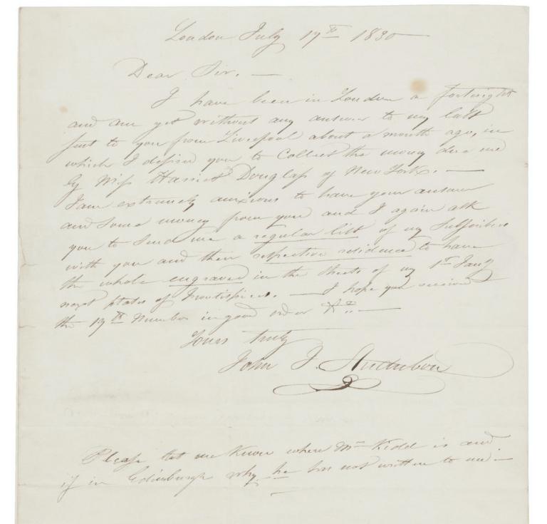 Audubon letter to bookseller