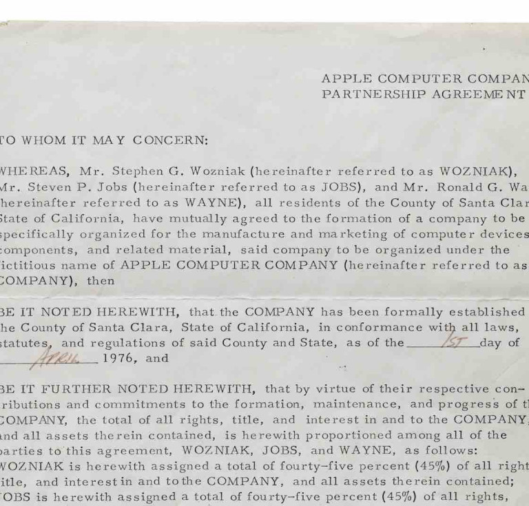 A closeup of the first page of the Apple contract