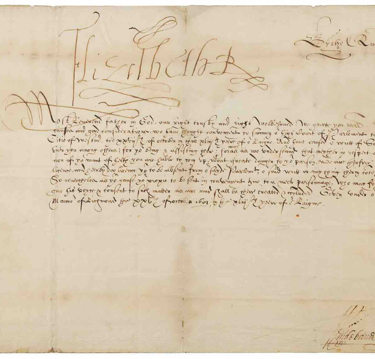 Queen Elizabeth I Letter Signed to the Archbishop of York, Excusing Him from Attending Parliament
