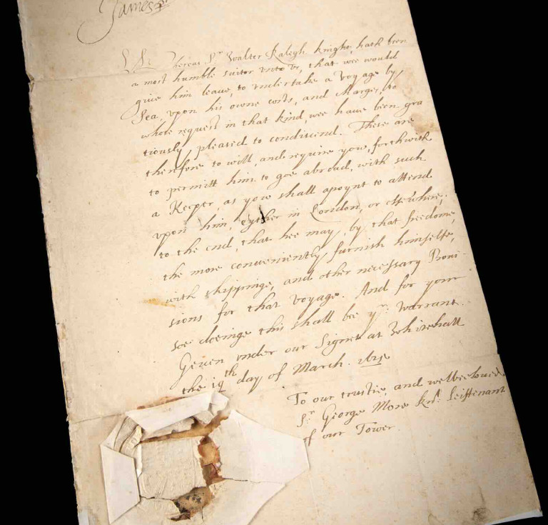 1615 warrant signed by King James I of England authorizing the release of Sir Walter Raleigh from the Tower of London